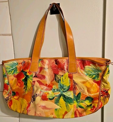 Maurizio Taiuti Large Watercolor Floral Painted Leather Tote Bag Purse, Italy - Imagem 1 de 4