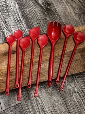 VTG Rare Red W. Germany Cooking Utensils slottedSpoons/Spatulas Melamin set of 8 - Image 1 of 4
