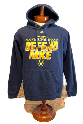 Milwaukee Brewers Majestic Hoodie Sweatshirt “Defend MKE” Blue Pullover Mens L Cover