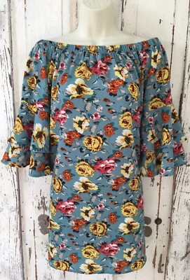 Xhilaration Juniors Size XS Blue Yellow Orange Floral Bell Sleeve Tunic Dress - Image 1 of 4