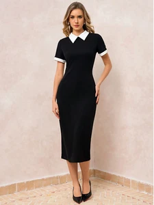 Black Amorya Contrast Color Collar Black & White Commuter Dress Sz S M L XL - Picture 1 of 7