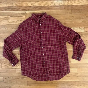 Vintage 80s/90s Structure 100% Linen Red Plaid Flannel Button-Up Shirt - Men's L - Picture 1 of 7