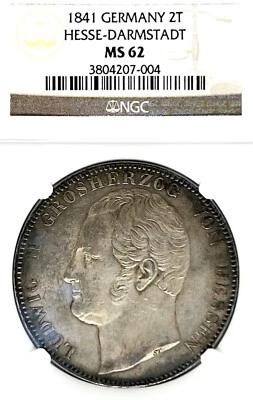 German States Hesse-Darmstadt 1841 2 Talers Coin Thaler NGC MS62 VZ/STG UNC RARE - Image 1 of 3