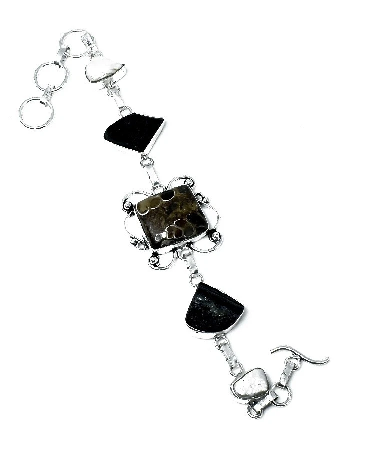 Turritella Agate Gemstone Handmade 925 Sterling Silver Jewelry Bracelet Size 7-8 - Image 1 of 1