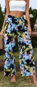 Blue / Pink / Green Tropical Floral Wide Leg Flowy Pants High Waist Zip Up - Picture 1 of 3