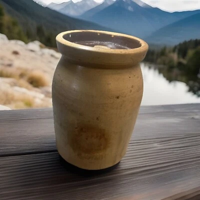 Antique Cream Brown Crock With Lid (read) Primitive Cottage - Image 1 of 4