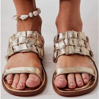 FREE PEOPLE Woven River Sandals Platina Gold Resortwear Boho Flat Leather NWOB - Image 1 of 4