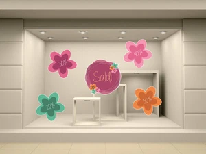 Sticker adesivo vetrofanie fiori colorati saldi 20-30-40-50%. Vetrine negozio - Foto 1 di 2