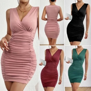 Sexy Mini Vestido Para Mujer Acanalado ceñido al cuerpo Cuello en V Sin Mangas Fiesta Prendas para club nocturno Vestido - Imagen 1 de 17