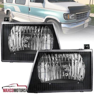 Black Headlights Fits 1992-2006 Ford E150 E250 E350 Econoline Van Head Lamps L+R - Image 1 of 4