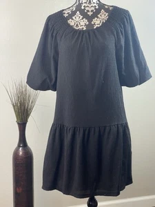 Steve Madden Black Abrah Textured A-Line  Dress Size Large Puffed Sleeves - Picture 1 of 8
