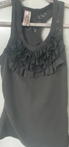 Janco Black Ruffle Front Tank Top Women’s One Size Lace Back Sleeveless Stretch - Picture 1 of 10