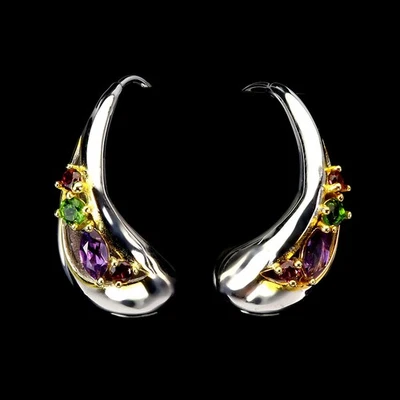 925 Sterling Silver Earrings Marquise Amethyst Rhodolite Handmade Gemstone - Image 1 of 4