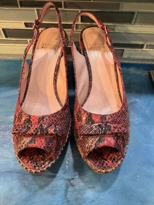 Stuart Weitzman Women’s 6.5 Red Snakeskin Peep Toe Sling Back Cork Wedge Heels - Image 1 of 4