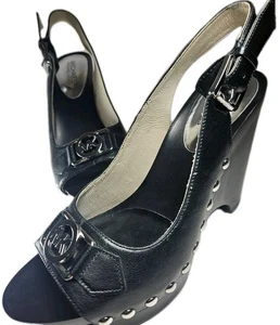 Michael Kors Women  7.5 Slingback Wedge Blk Logo Normcor Cottagecor Y2K Boho[5B] - Picture 1 of 11