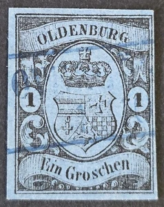OLDENBURG GERMANY 1859 Used 1 Gr Black on Blue Michel #6 Unchecked - Picture 1 of 2