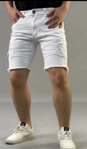Herren R3bel Neu Distress Baumwollmischung Denim Shorts Gerissen Knielang Sommer 38" - Bild 1 von 10