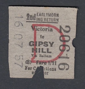 Ticket BTC London Victoria to Gipsy Hill via Balham 1957 Early Morning Return - Picture 1 of 2