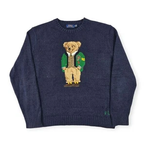 Polo Ralph Lauren Bear Knitted Jumper Blue Men's Large - Picture 1 of 8