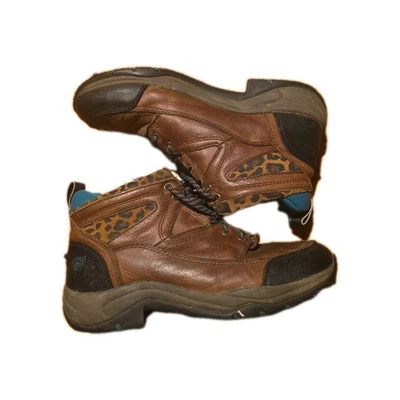 Ariat Terrain ATS WOMEN'S SZ 8.5B Leather Boots Brown Teal Leopard Print Black - Image 1 of 4