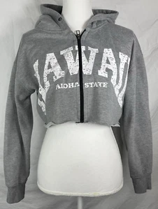 Hawaii-Aloha State-Cropped Hooded Sweatshirt-Zip Up-Gray-OS-Cotton-FREE SHIPPING - Picture 1 of 9