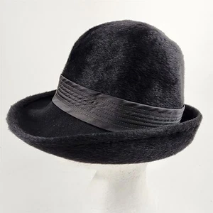 Vintage Norman Durand Womens Black Hat Felt Long Fur Ribbon Grevi Italy - Picture 1 of 9