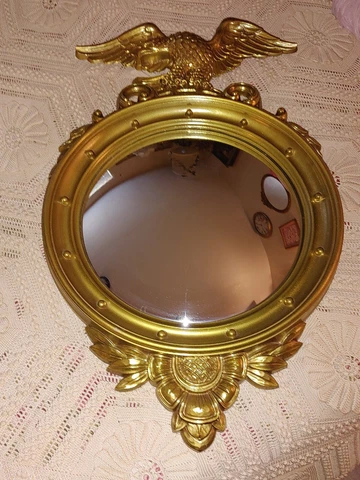 Vintage MCM Federal Syroco #4010 American Eagle Convex Bullseye Mirror Gold Tone Cover