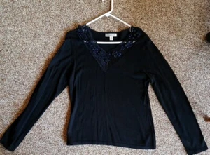 Coldwater Creek Womens M Black L/S Top Embroidered V-Neck With Lace & Beading - Picture 1 of 2
