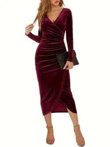 Solid Ruched Dress - Elegant Surplice Neck Long Sleeve Dress - Burgundy - 16/XL - Picture 1 of 21