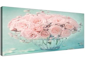 Duck Egg Blue and Pink Roses Flower Floral Shabby Chic Canvas 120cm Wide - 1287 - Picture 1 of 4