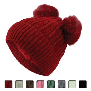 Women Double Pom Pom Beanies Hats, Winter Hats for Women Cold Weather Warm Knit - Picture 1 of 11