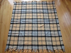 VTG FARIBO TAN/GRAY PLAID FRINGED STADIUM BLANKET THROW 53" X 58" USA - Picture 1 of 3