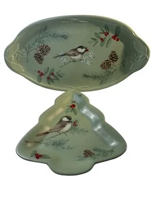 2er Set Pfaltzgraff Winterwood grün Chickadee Servierplatten Bonboniere Vogel - Bild 1 von 20
