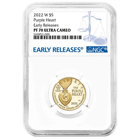 2022-W Proof $5 National Purple Heart Hall of Honor Gold Coin NGC PF70UC ER Blue Cover