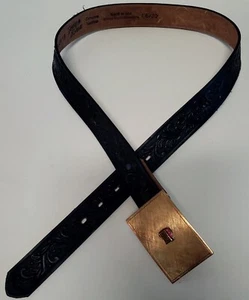 Tony Lama Belt Blk 30 w/ VTG Metalcraft Mayville Brushed Gold Buckle w/ Gems USA - Picture 1 of 20