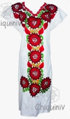 Mexican Boho Embroidered Dress Color White New Cotton Extra Large XL Colorful - Image 1 of 4