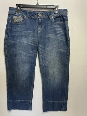 Pantalones de mezclilla capri Guess elásticos de pierna ancha con detalles plateados/dorados talla 32 nuevos sin etiquetas Foto 1 de 4