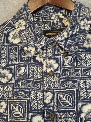 Camisa Woolrich De Colección Para Hombres L Azul Marino Peces Tropicales Tiki Manga Corta Azul Botones Foto 1 de 4