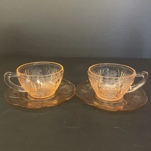 Set Of Two Vintage 1930's Federal Pink Glass Cabbage Rose Cups & Saucer  - Picture 1 of 7