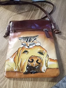 Cartera bandolera de cuero sintético marrón perro gato de colección - Imagen 1 de 4