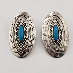 Vintage Oval Concho Earrings Silver Plated Turquoise Large Southwest Boho 1988 - Picture 1 of 10