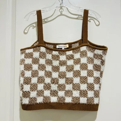 Hazel Moon коричневый кремовый клетчатый пушистый мягкий топ Cami Crop, размер большой  - Изображение 1 из 4