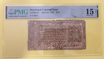 1774 Apr 10th, $1/6, Maryland Colonial Note, Fr. MD-61, PMG 15 Choice Fine, Net - Image 1 of 2