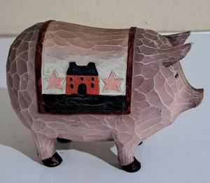 Figura de cerdo de resina Country Primitive con estrellas y edredón de casa 6 " - Imagen 1 de 6
