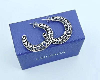 Silpada Sterling Silver Oxidized Leaf Swirl Filigree Hoop Post Earrings, P1944 - Image 1 of 4