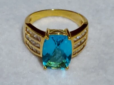 Ring-14 K Gold over  925 Sterling Silver- Clear & 10 x 14mm Blue Topaz-size 10 - Image 1 of 4
