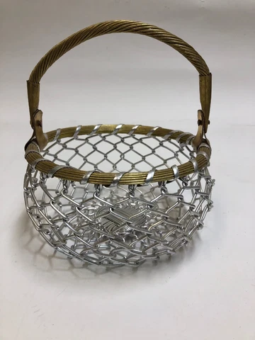 Vintage Small Round Aluminum and Brass Metal Woven Basket with Hinged Handle Cover