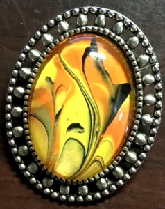 VTG Style Glass Cabochon Brooch - Silver Tone Orange,Yellow,Gold and Black - Picture 1 of 7