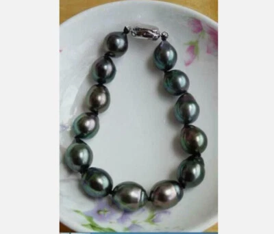 Huge AAA 7.5-8"12-15mm natural tahitian genuine black green pearl bracelet 925 - Image 1 of 4