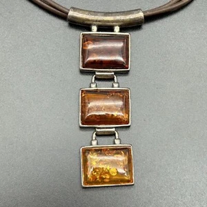 Tricolor Baltic Amber Sterling Silver Modernist Pendant Leather Cord Necklace - Picture 1 of 14